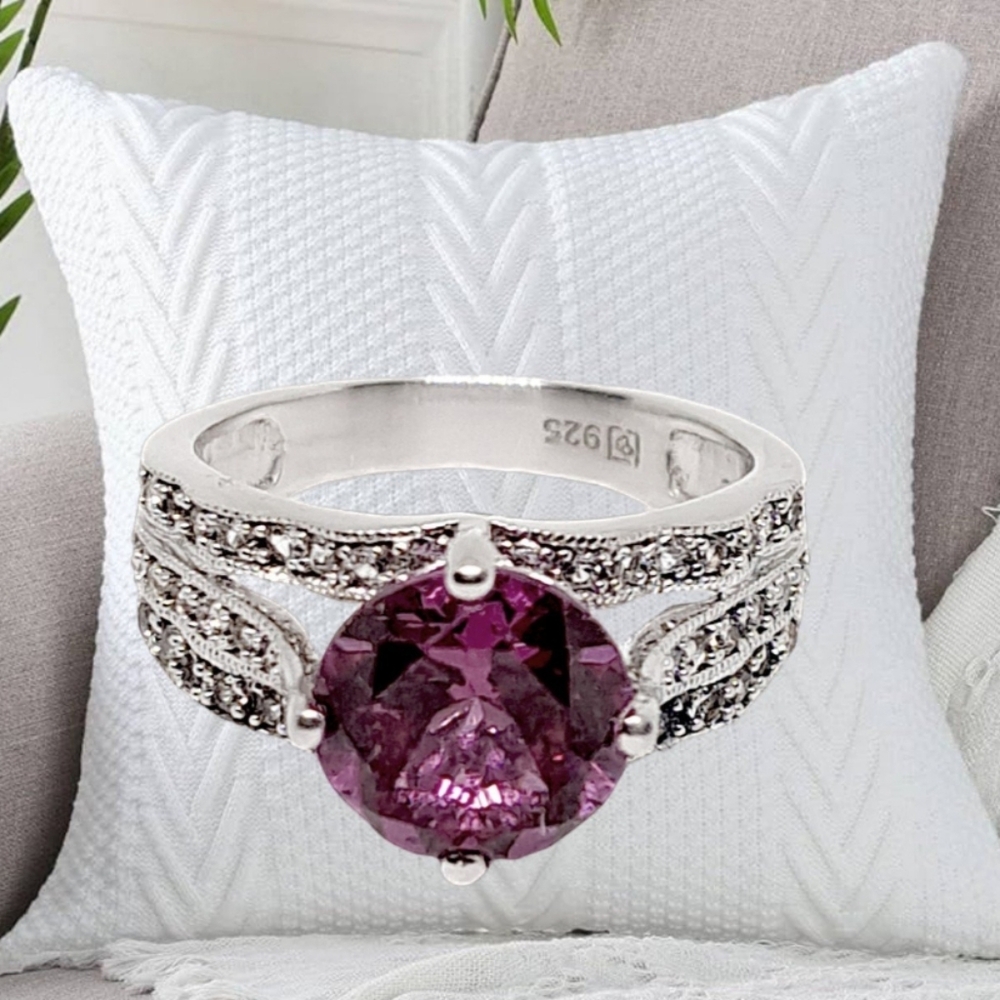 Purple Sapphire and Small CZ Stones Sterling Silver Ring